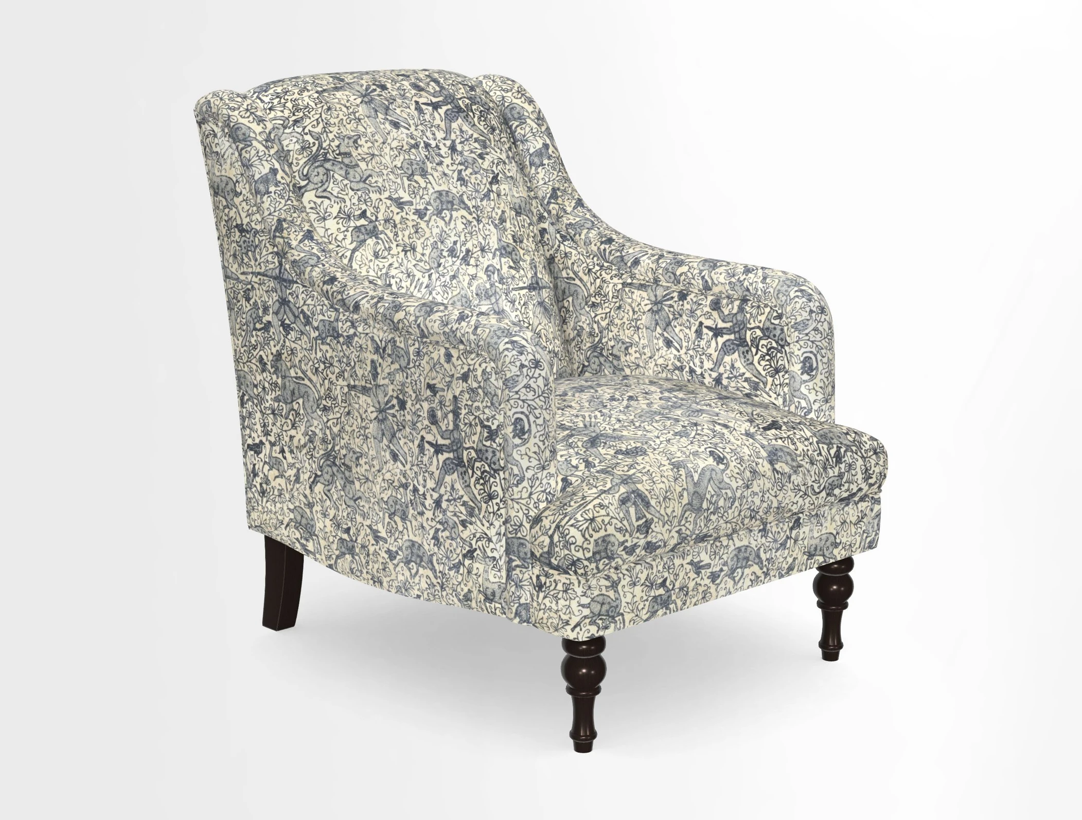 Rothermere Chair in RHS Gertrude Jekyll Ornamental Brown with Arms and Front Border in Mohair Velvet Mushroom