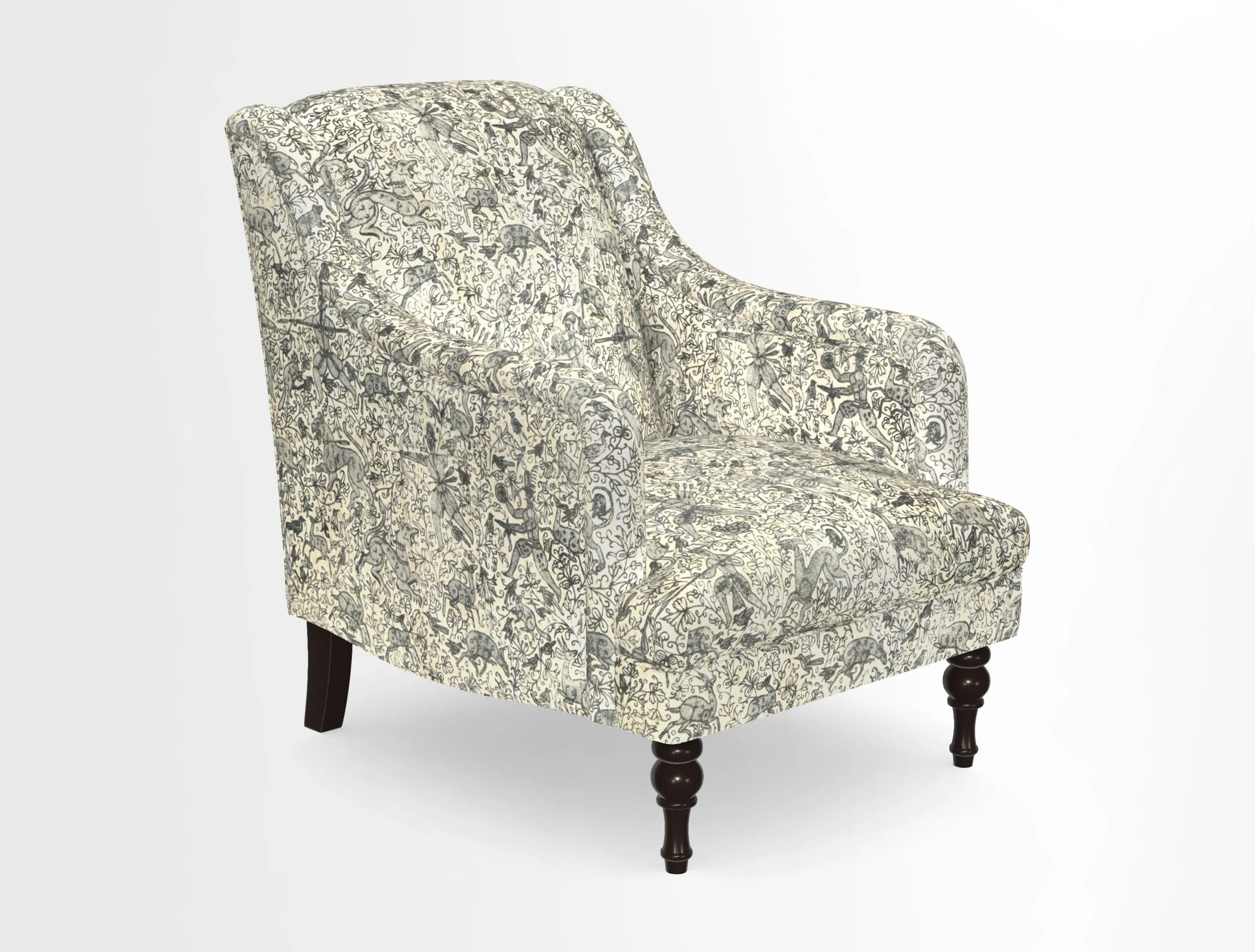 Rothermere Chair in RHS Gertrude Jekyll Ornamental Brown with Arms and Front Border in Mohair Velvet Mushroom