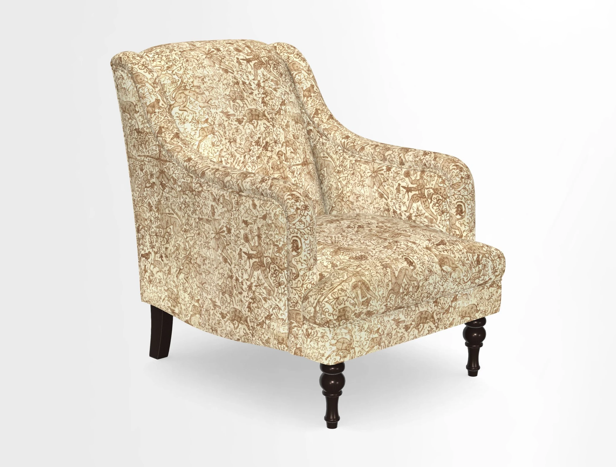 Rothermere Chair in RHS Gertrude Jekyll Ornamental Brown with Arms and Front Border in Mohair Velvet Mushroom