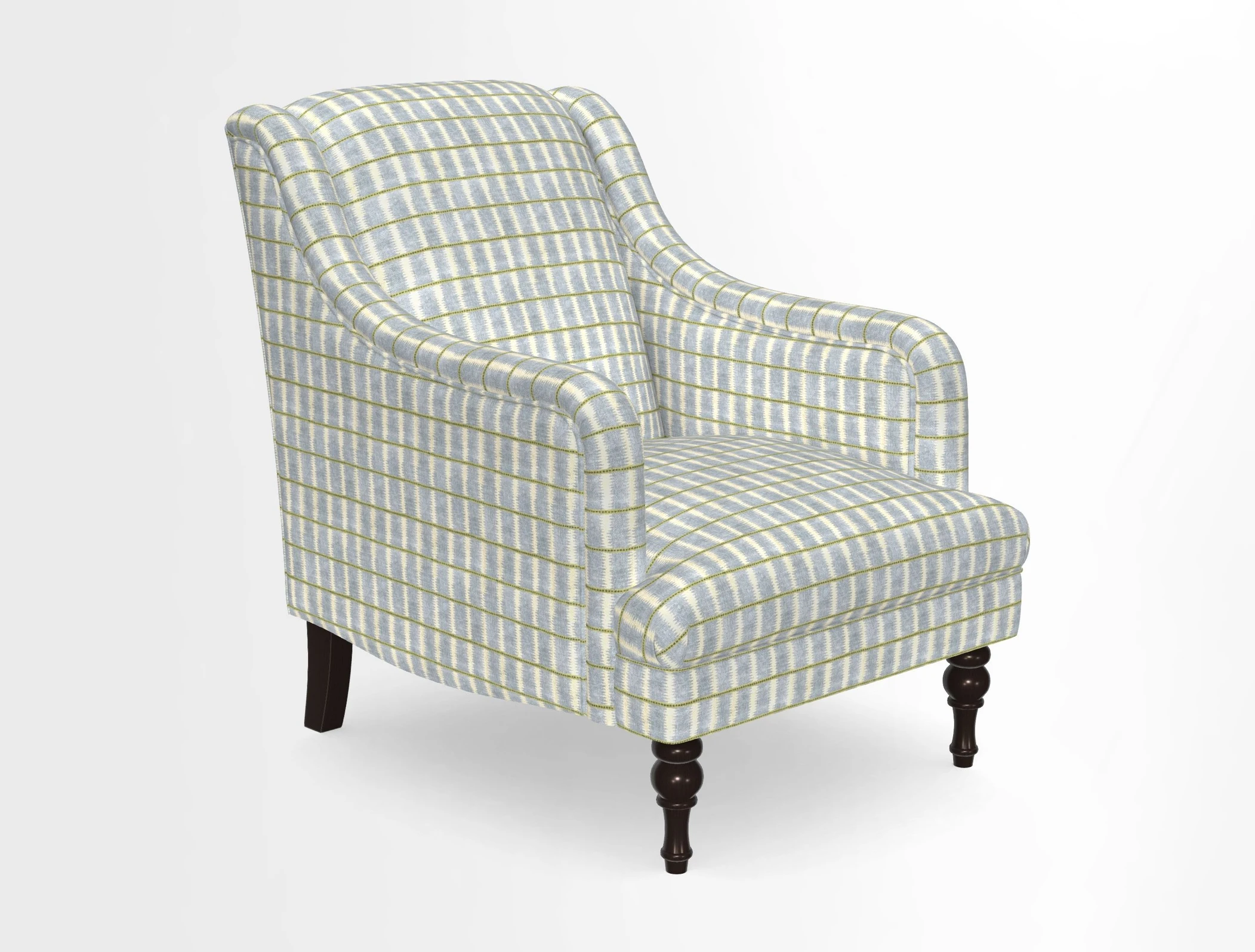 Rothermere Chair in RHS Gertrude Jekyll Ornamental Brown with Arms and Front Border in Mohair Velvet Mushroom
