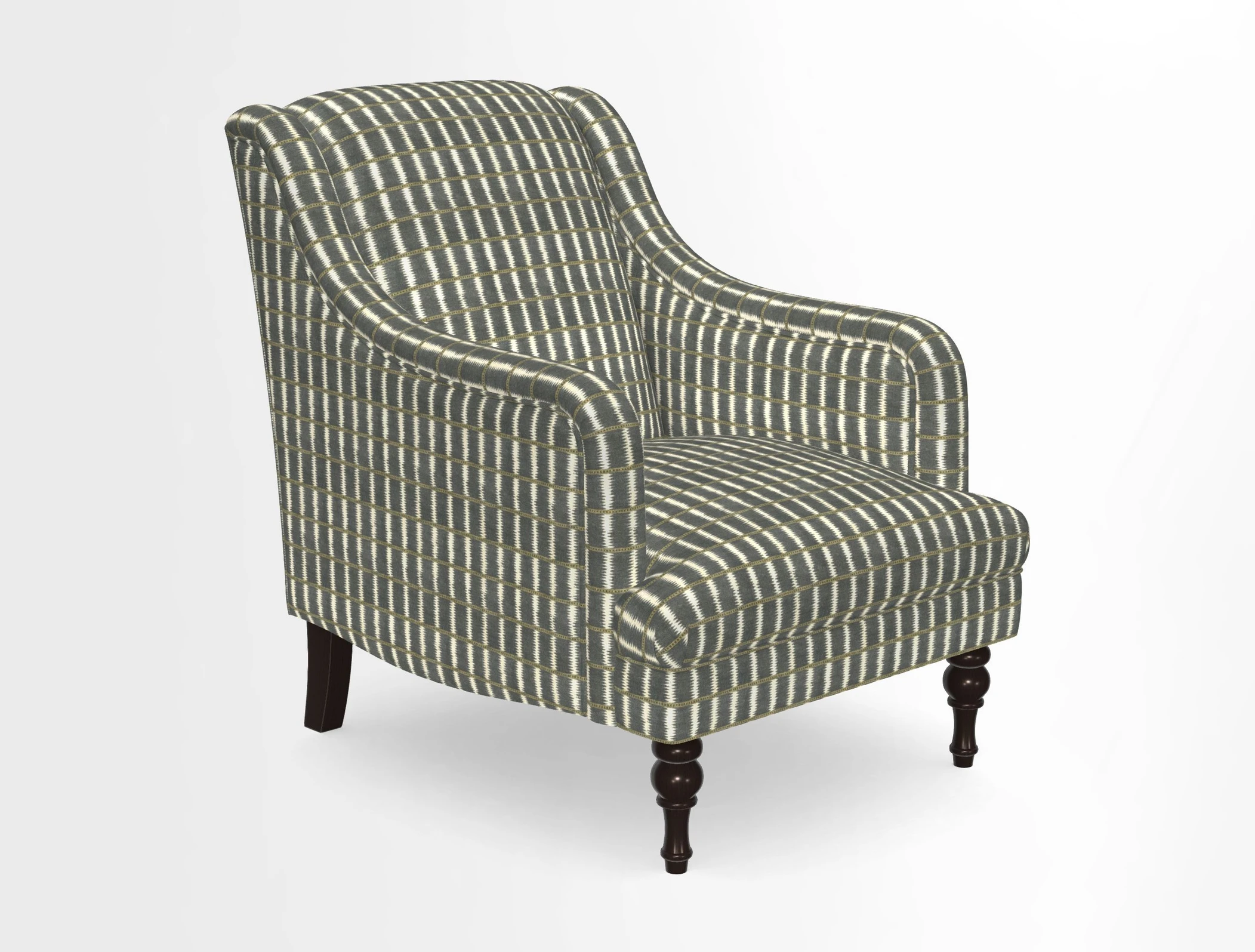 Rothermere Chair in RHS Gertrude Jekyll Ornamental Brown with Arms and Front Border in Mohair Velvet Mushroom