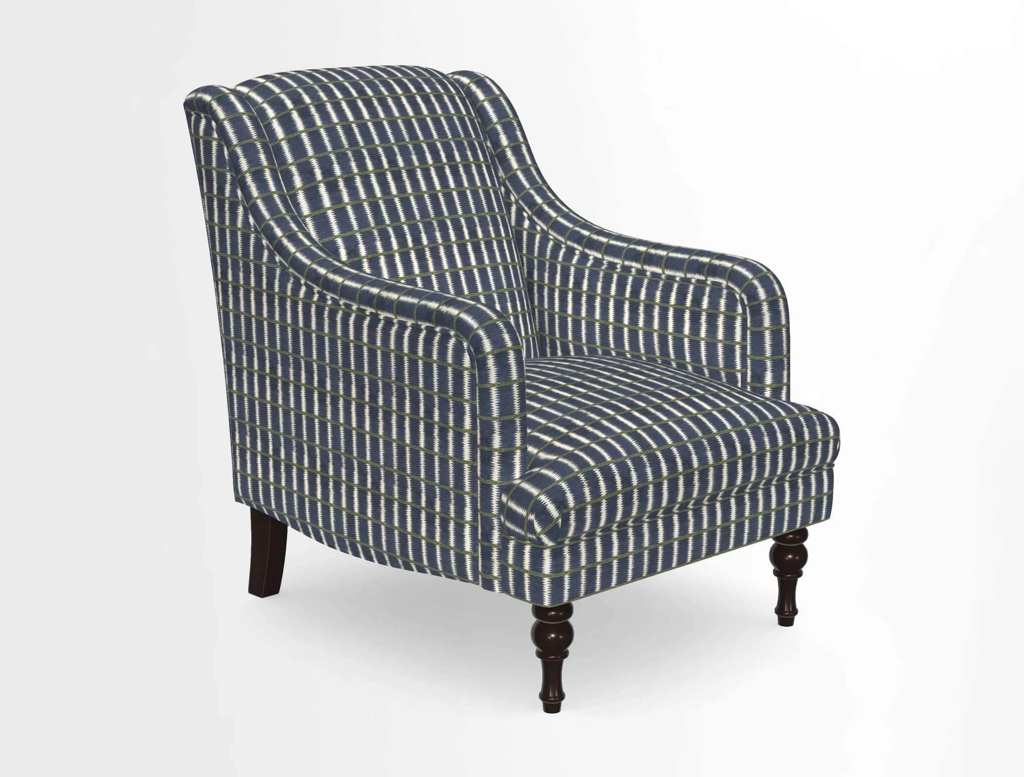 Rothermere Chair in RHS Gertrude Jekyll Ornamental Brown with Arms and Front Border in Mohair Velvet Mushroom