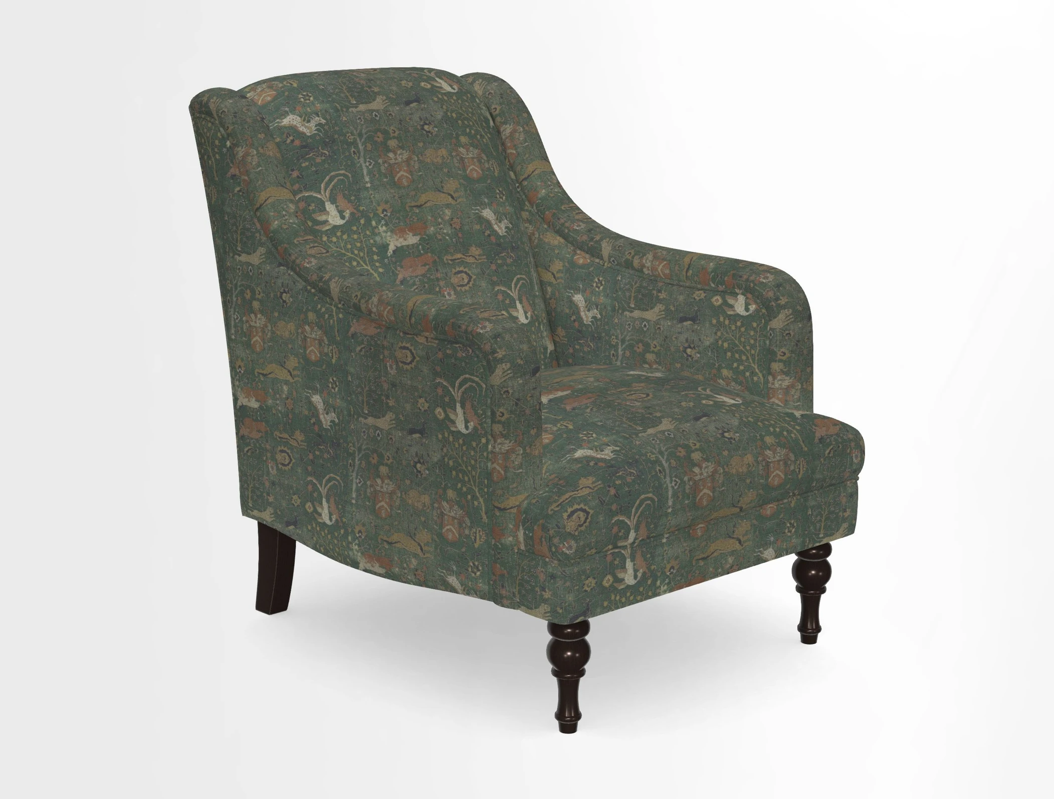 Rothermere Chair in RHS Gertrude Jekyll Ornamental Brown with Arms and Front Border in Mohair Velvet Mushroom