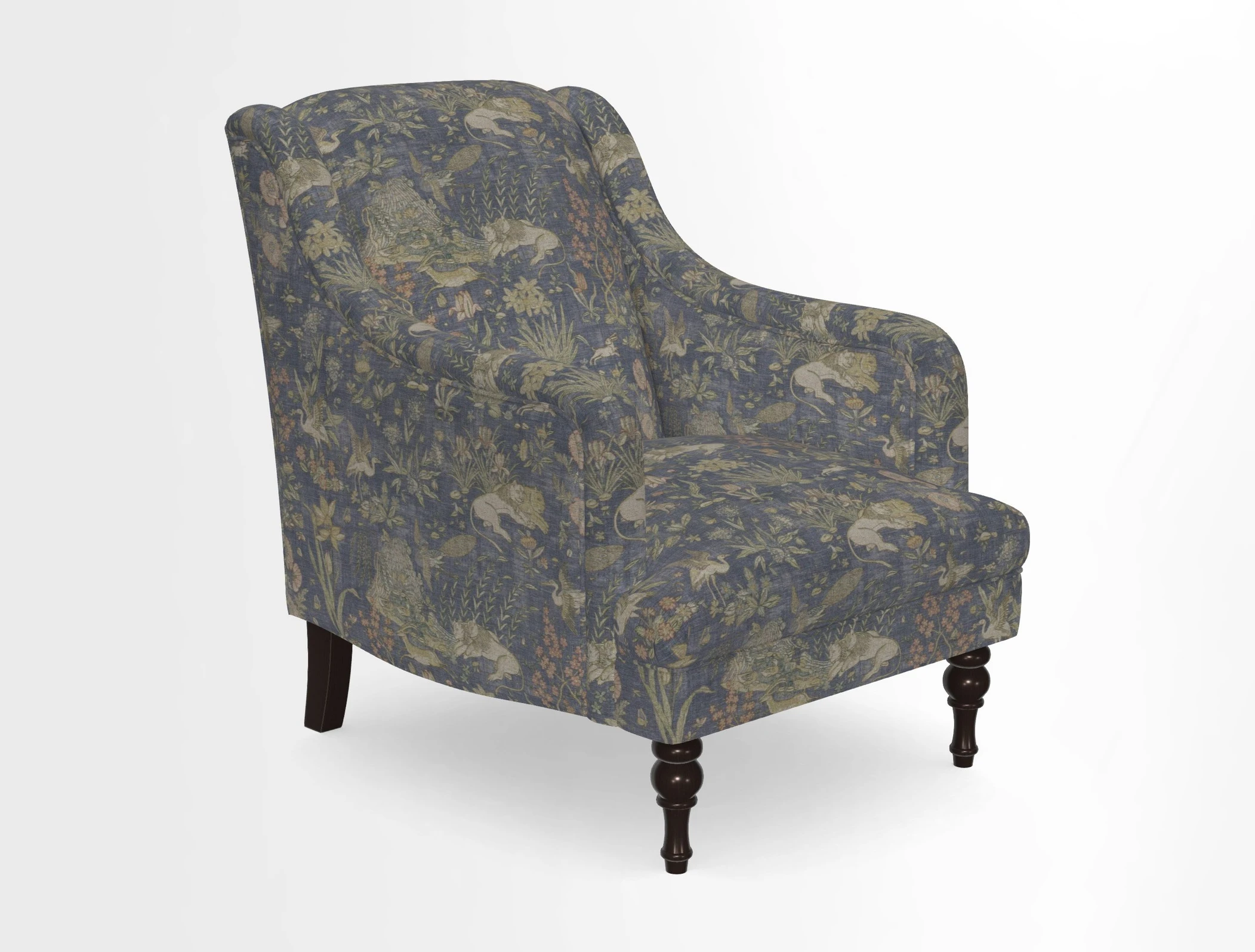 Rothermere Chair in RHS Gertrude Jekyll Ornamental Brown with Arms and Front Border in Mohair Velvet Mushroom