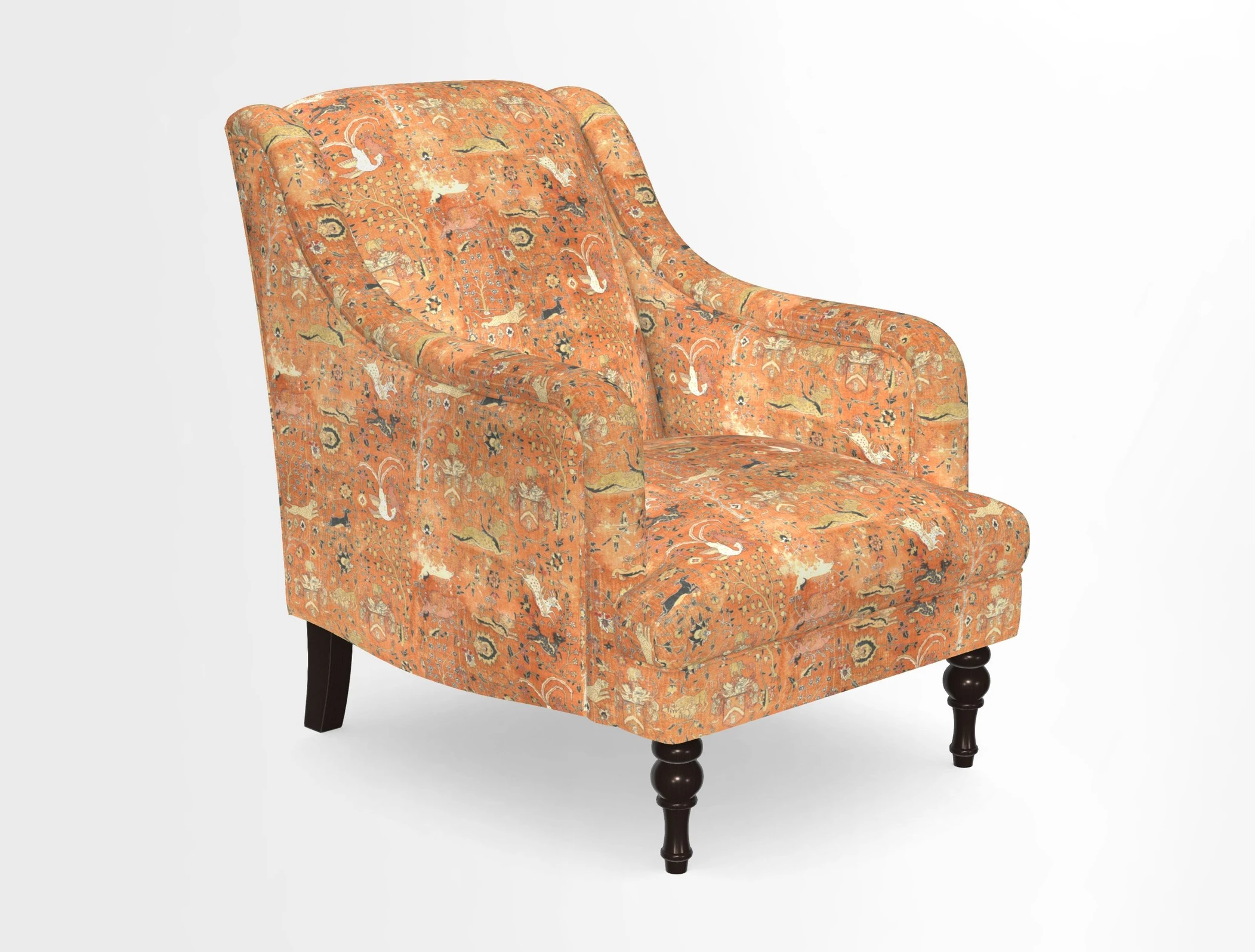 Rothermere Chair in RHS Gertrude Jekyll Ornamental Brown with Arms and Front Border in Mohair Velvet Mushroom
