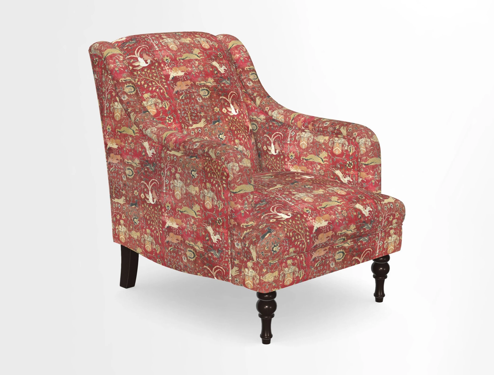 Rothermere Chair in RHS Gertrude Jekyll Ornamental Brown with Arms and Front Border in Mohair Velvet Mushroom
