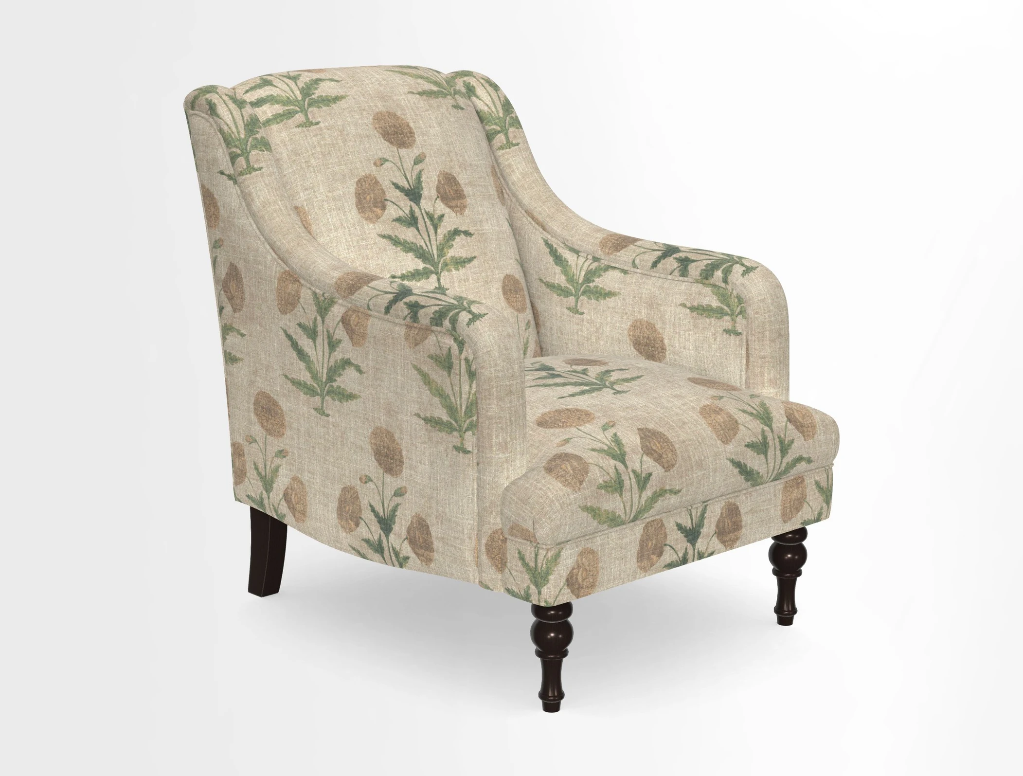 Rothermere Chair in RHS Gertrude Jekyll Ornamental Brown with Arms and Front Border in Mohair Velvet Mushroom