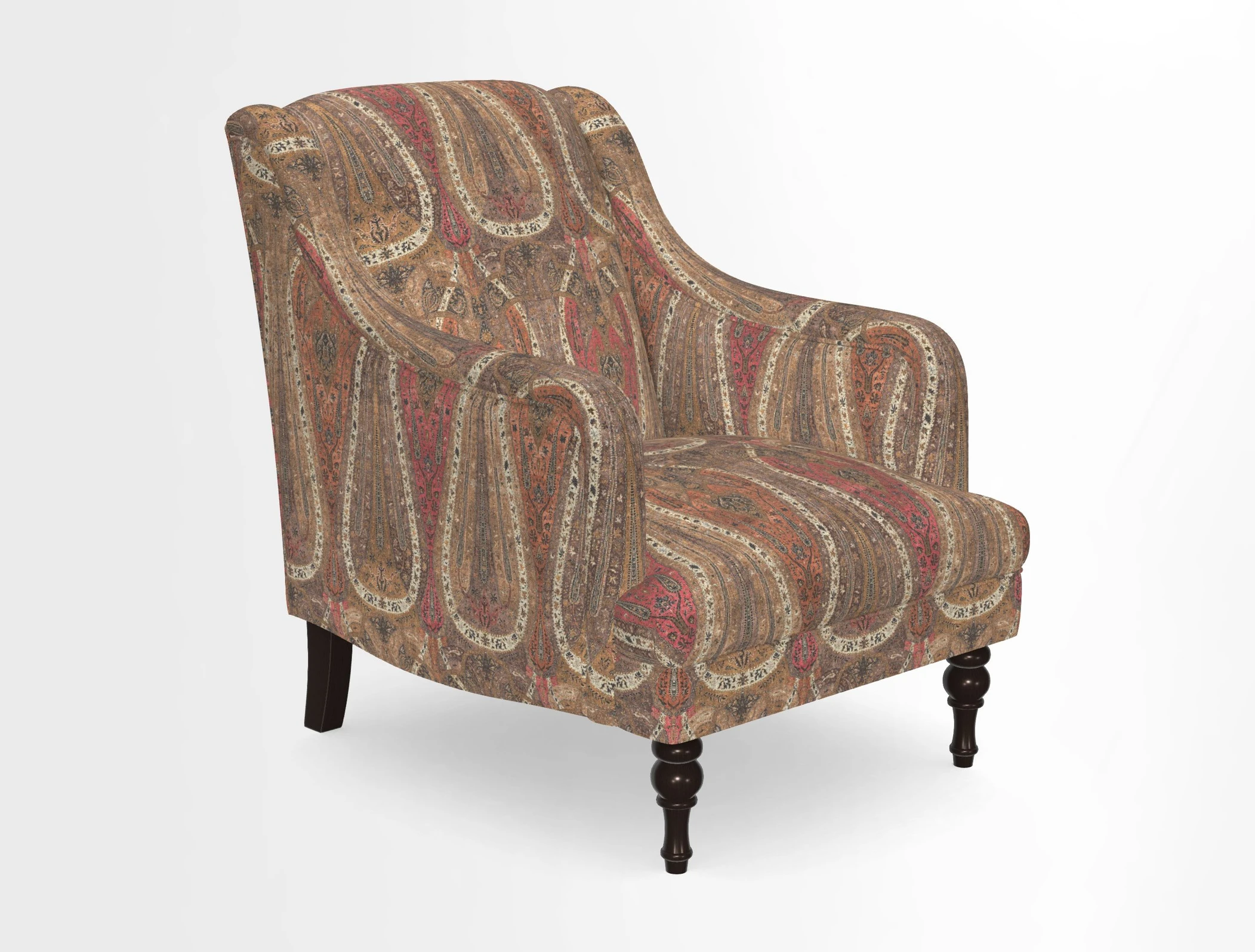 Rothermere Chair in RHS Gertrude Jekyll Ornamental Brown with Arms and Front Border in Mohair Velvet Mushroom