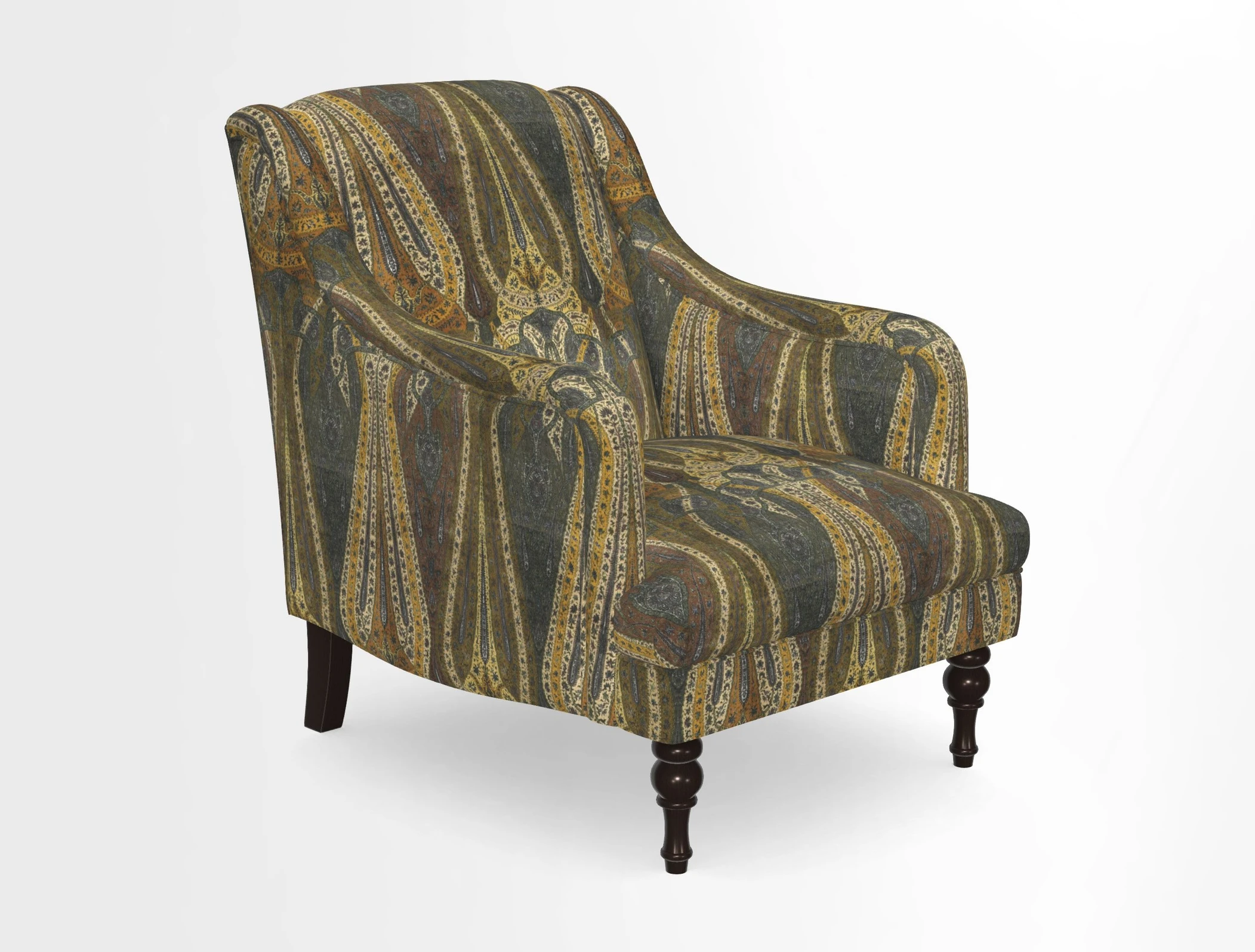 Rothermere Chair in RHS Gertrude Jekyll Ornamental Brown with Arms and Front Border in Mohair Velvet Mushroom