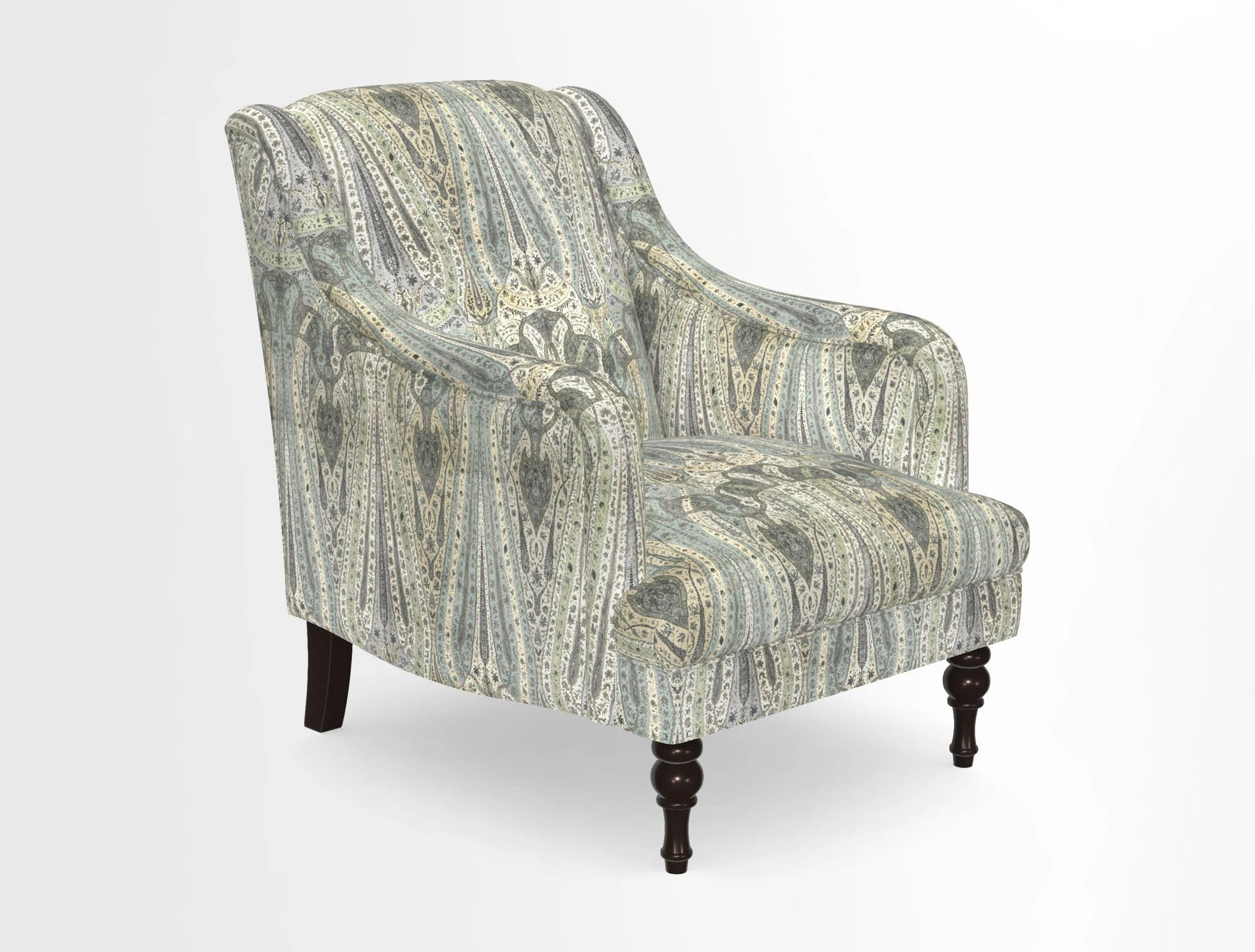 Rothermere Chair in RHS Gertrude Jekyll Ornamental Brown with Arms and Front Border in Mohair Velvet Mushroom