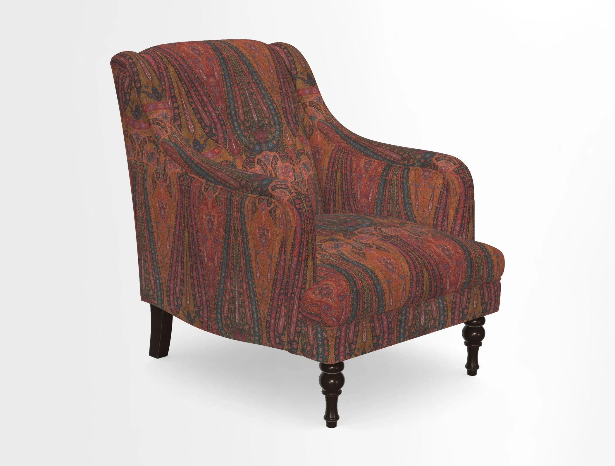 Rothermere Chair in RHS Gertrude Jekyll Ornamental Brown with Arms and Front Border in Mohair Velvet Mushroom