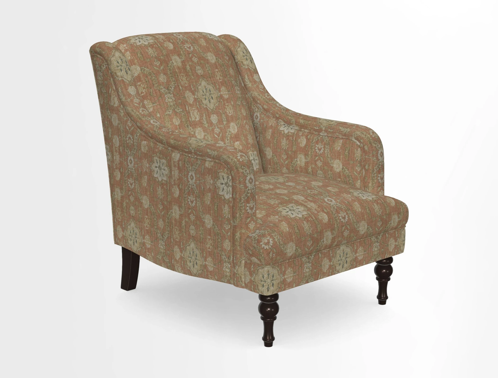 Rothermere Chair in RHS Gertrude Jekyll Ornamental Brown with Arms and Front Border in Mohair Velvet Mushroom