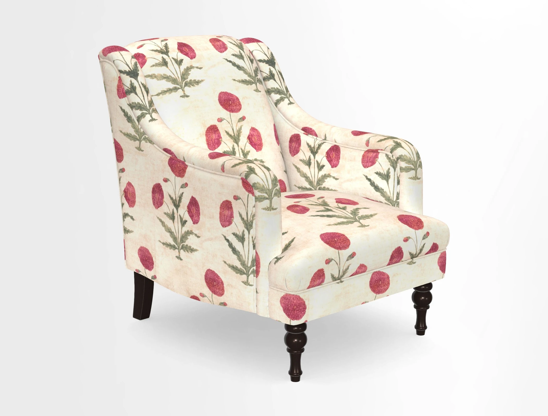 Rothermere Chair in RHS Gertrude Jekyll Ornamental Brown with Arms and Front Border in Mohair Velvet Mushroom