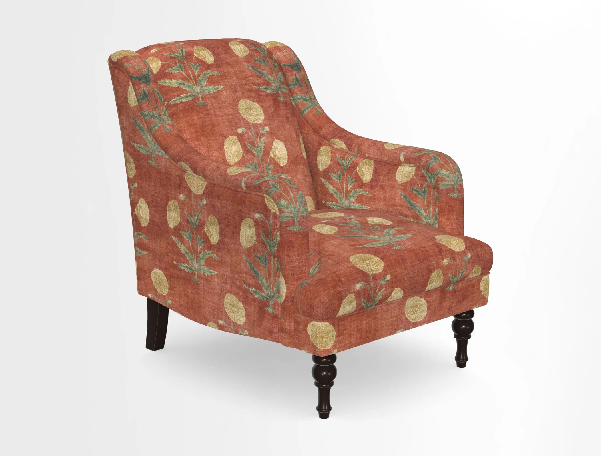 Rothermere Chair in RHS Gertrude Jekyll Ornamental Brown with Arms and Front Border in Mohair Velvet Mushroom