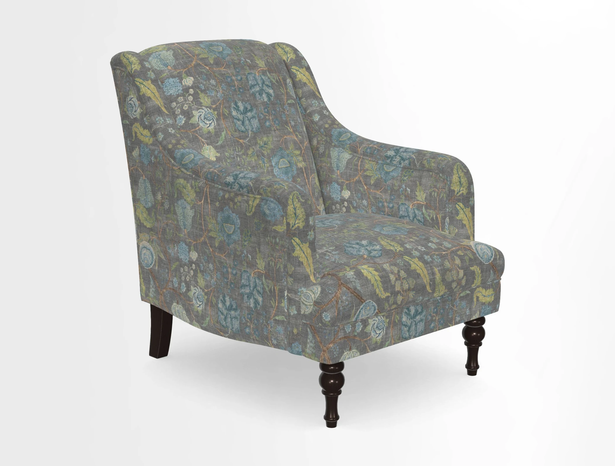 Rothermere Chair in RHS Gertrude Jekyll Ornamental Brown with Arms and Front Border in Mohair Velvet Mushroom