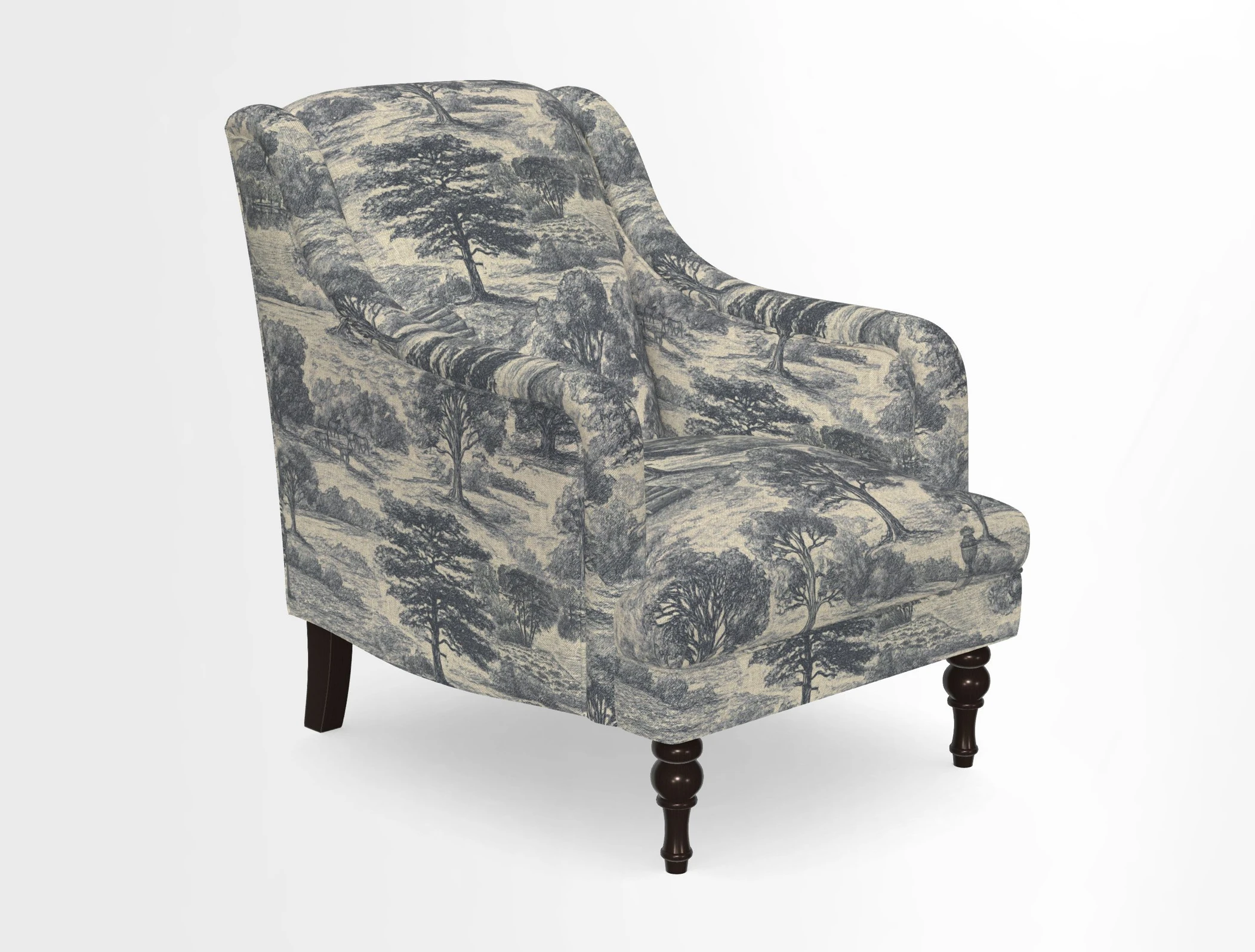 Rothermere Chair in RHS Gertrude Jekyll Ornamental Brown with Arms and Front Border in Mohair Velvet Mushroom