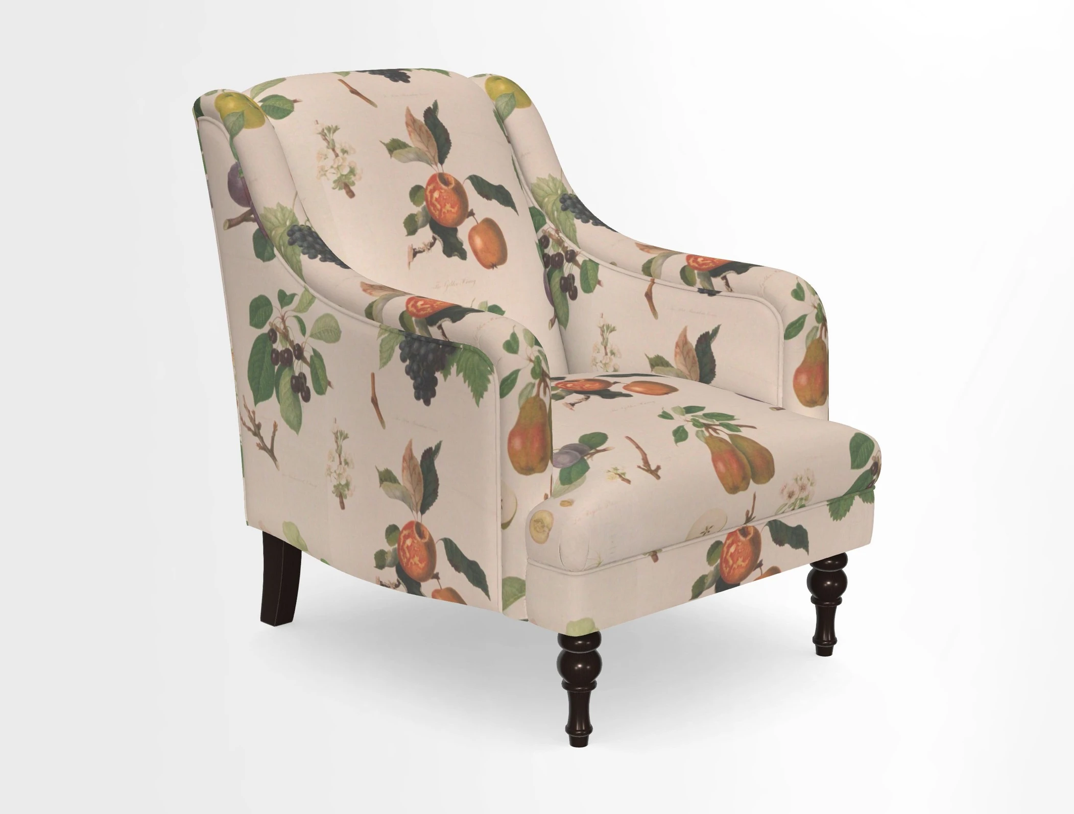 Rothermere Chair in RHS Gertrude Jekyll Ornamental Brown with Arms and Front Border in Mohair Velvet Mushroom