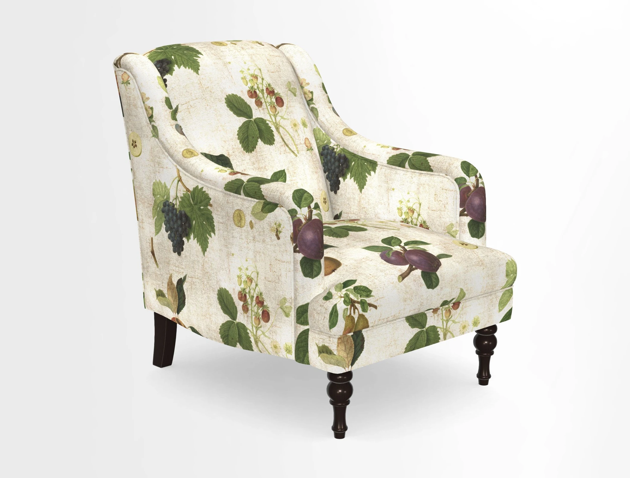 Rothermere Chair in RHS Gertrude Jekyll Ornamental Brown with Arms and Front Border in Mohair Velvet Mushroom