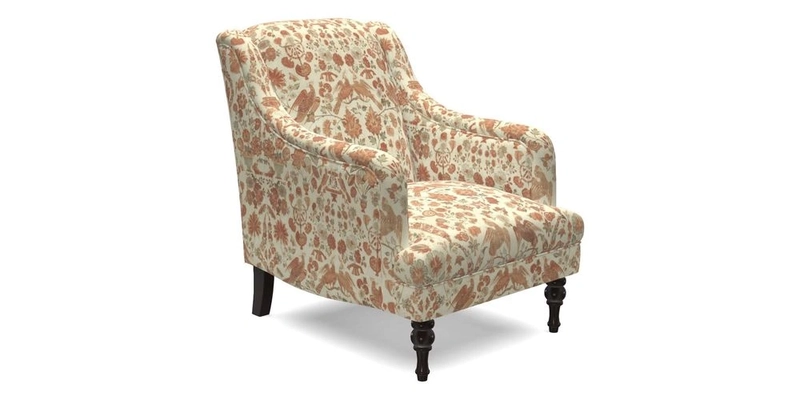 Rothermere Chair in RHS Gertrude Jekyll Ornamental Brown with Arms and Front Border in Mohair Velvet Mushroom