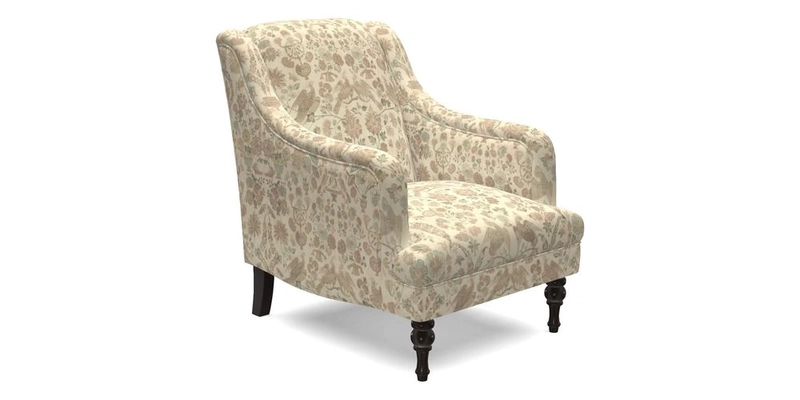 Rothermere Chair in RHS Gertrude Jekyll Ornamental Brown with Arms and Front Border in Mohair Velvet Mushroom