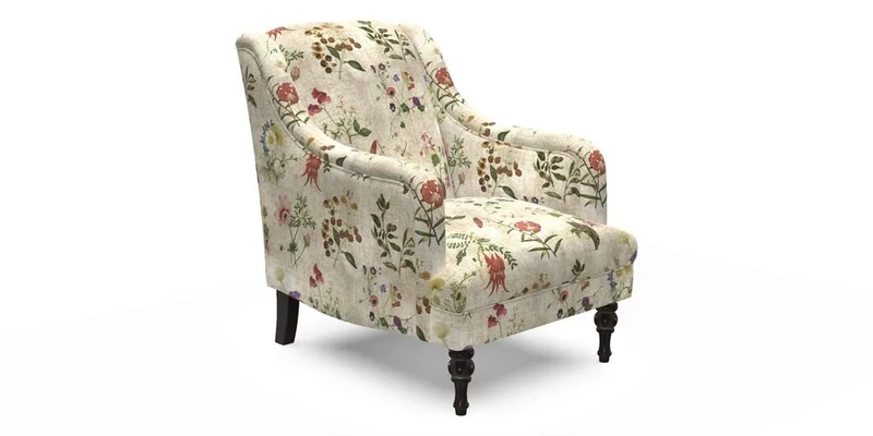 Rothermere Chair in RHS Gertrude Jekyll Ornamental Brown with Arms and Front Border in Mohair Velvet Mushroom