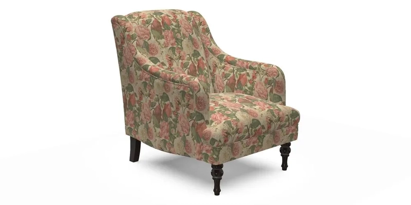 Rothermere Chair in RHS Gertrude Jekyll Ornamental Brown with Arms and Front Border in Mohair Velvet Mushroom