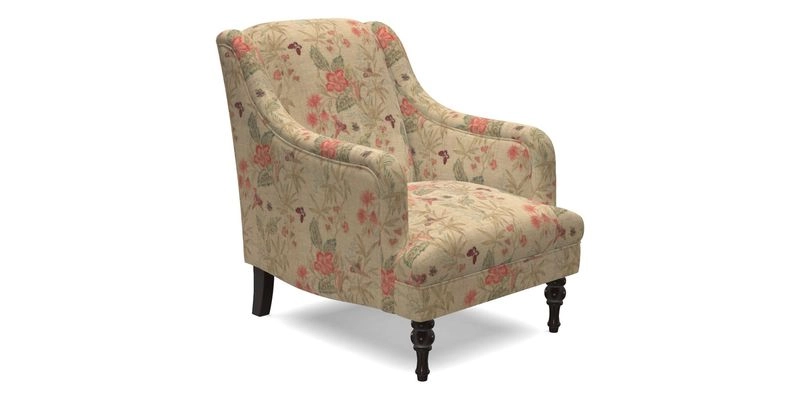 Rothermere Chair in RHS Gertrude Jekyll Ornamental Brown with Arms and Front Border in Mohair Velvet Mushroom