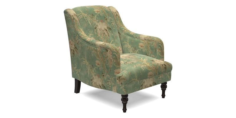 Rothermere Chair in RHS Gertrude Jekyll Ornamental Brown with Arms and Front Border in Mohair Velvet Mushroom