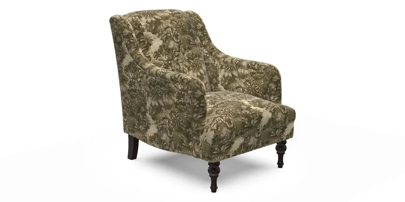 Rothermere Chair in RHS Gertrude Jekyll Ornamental Brown with Arms and Front Border in Mohair Velvet Mushroom