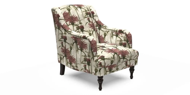 Rothermere Chair in RHS Gertrude Jekyll Ornamental Brown with Arms and Front Border in Mohair Velvet Mushroom