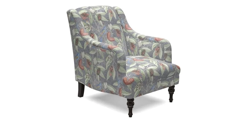 Rothermere Chair in RHS Gertrude Jekyll Ornamental Brown with Arms and Front Border in Mohair Velvet Mushroom