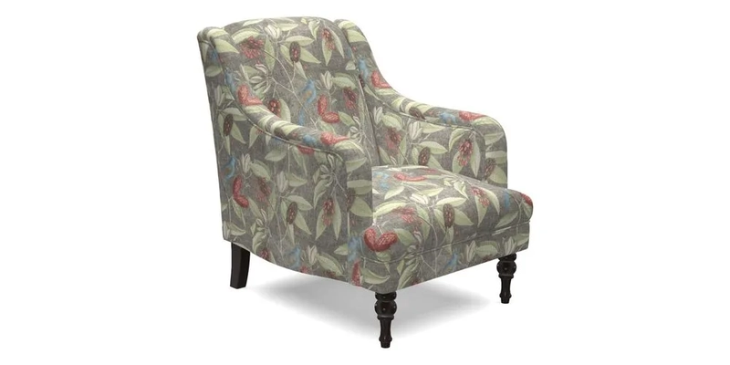 Rothermere Chair in RHS Gertrude Jekyll Ornamental Brown with Arms and Front Border in Mohair Velvet Mushroom