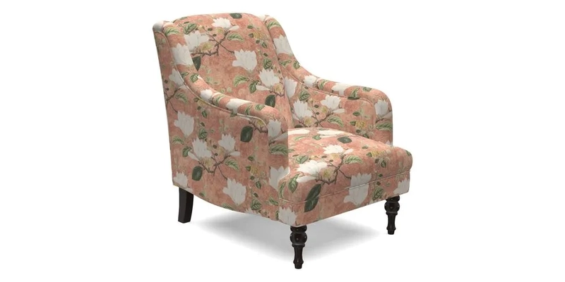 Rothermere Chair in RHS Gertrude Jekyll Ornamental Brown with Arms and Front Border in Mohair Velvet Mushroom
