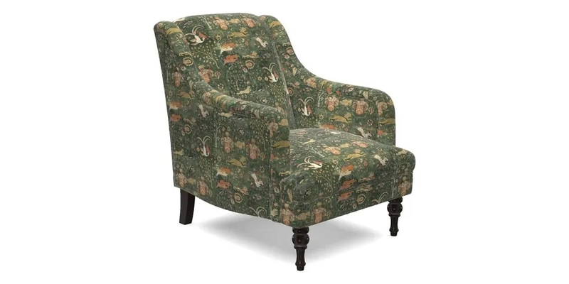 Rothermere Chair in RHS Gertrude Jekyll Ornamental Brown with Arms and Front Border in Mohair Velvet Mushroom