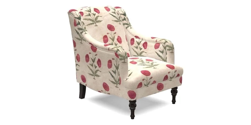 Rothermere Chair in RHS Gertrude Jekyll Ornamental Brown with Arms and Front Border in Mohair Velvet Mushroom