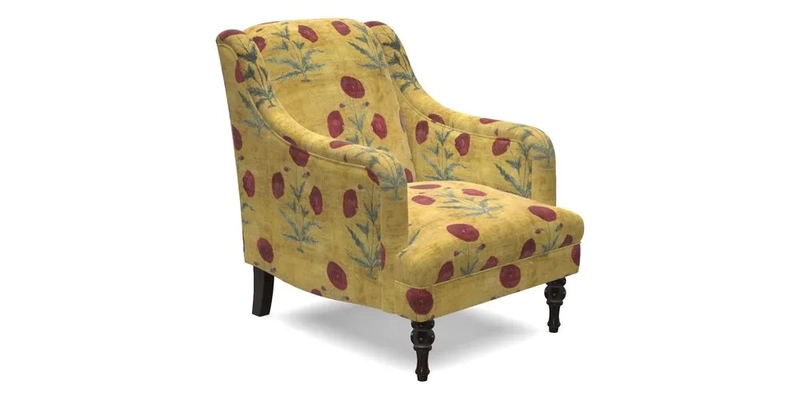 Rothermere Chair in RHS Gertrude Jekyll Ornamental Brown with Arms and Front Border in Mohair Velvet Mushroom