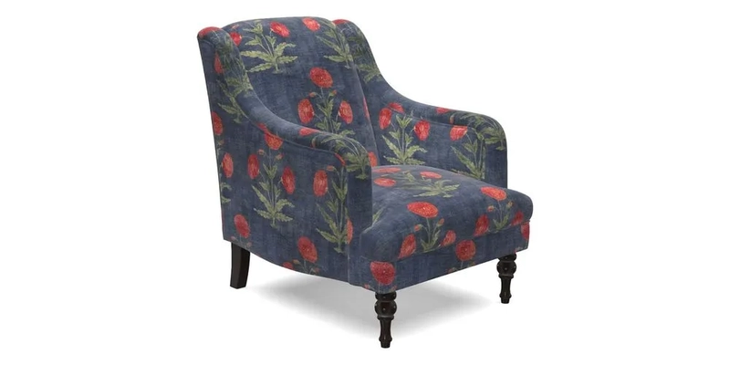 Rothermere Chair in RHS Gertrude Jekyll Ornamental Brown with Arms and Front Border in Mohair Velvet Mushroom
