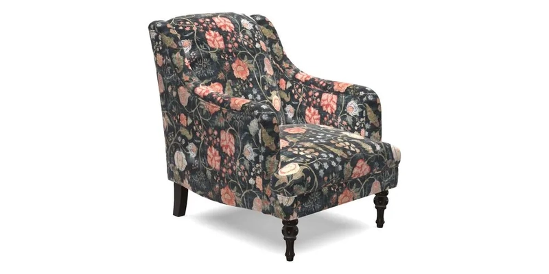 Rothermere Chair in RHS Gertrude Jekyll Ornamental Brown with Arms and Front Border in Mohair Velvet Mushroom