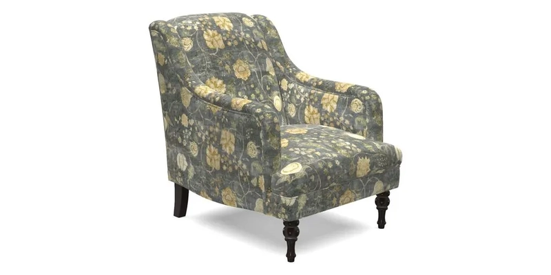 Rothermere Chair in RHS Gertrude Jekyll Ornamental Brown with Arms and Front Border in Mohair Velvet Mushroom