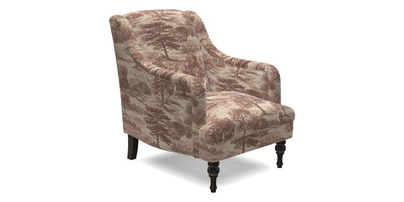 Rothermere Chair in RHS Gertrude Jekyll Ornamental Brown with Arms and Front Border in Mohair Velvet Mushroom
