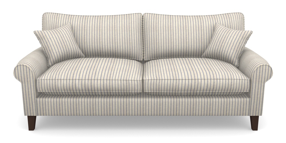 Product photograph of Waverley Scroll Arm 4 Seater Sofa In Cloth 18 Stripes - Ticking - Indigo from Sofas and Stuff Limited