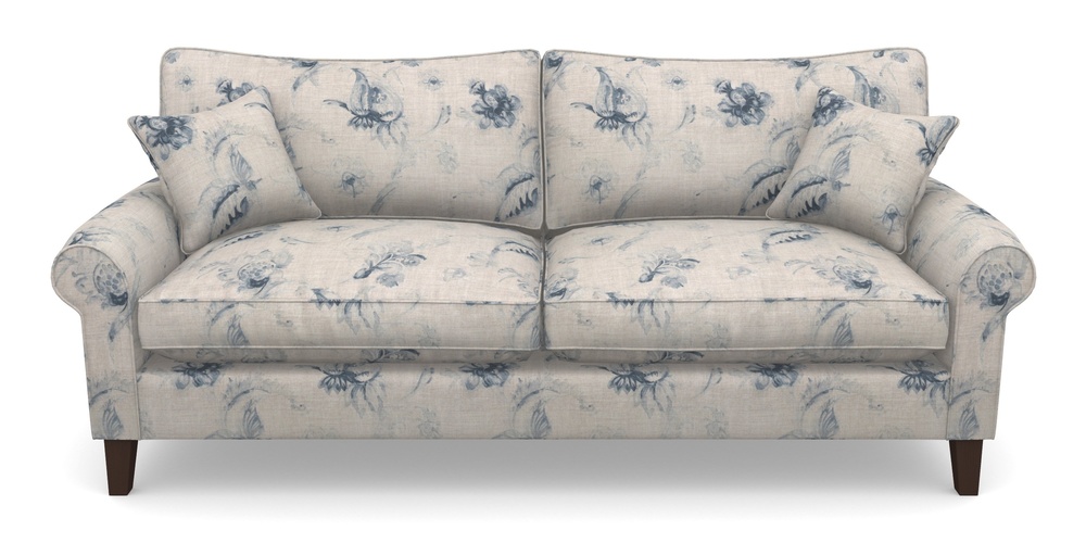 Product photograph of Waverley Scroll Arm 4 Seater Sofa In Floral Linen - Lela Mystery Indigo from Sofas and Stuff Limited