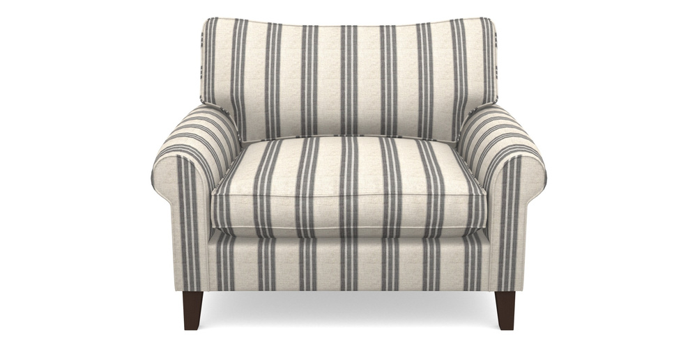 Product photograph of Waverley Scroll Arm Snuggler In Cloth 18 Stripes - Bengal - Bible Black from Sofas and Stuff Limited