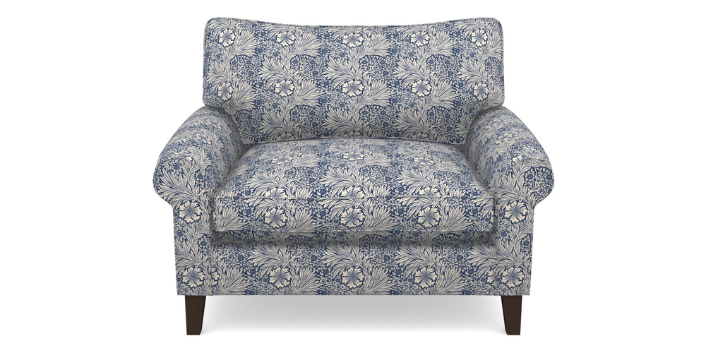 Product photograph of Waverley Scroll Arm Snuggler In William Morris Collection - Marigold - Indigo Linen from Sofas and Stuff Limited