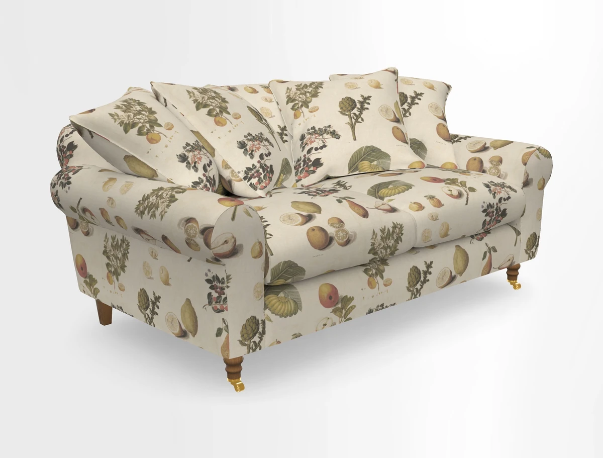 Walberswick 3 Seater Sofa in Etta's Bouquet Sunset Moss with scatters in Sussex Stripe Brick and Snape Chair in Almost Plain Velvet Spring