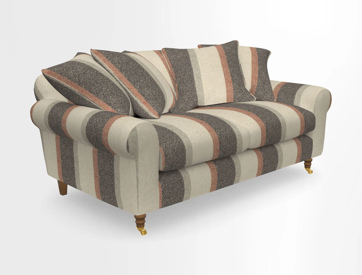 Walberswick 3 Seater Sofa in Etta's Bouquet Sunset Moss with scatters in Sussex Stripe Brick and Snape Chair in Almost Plain Velvet Spring