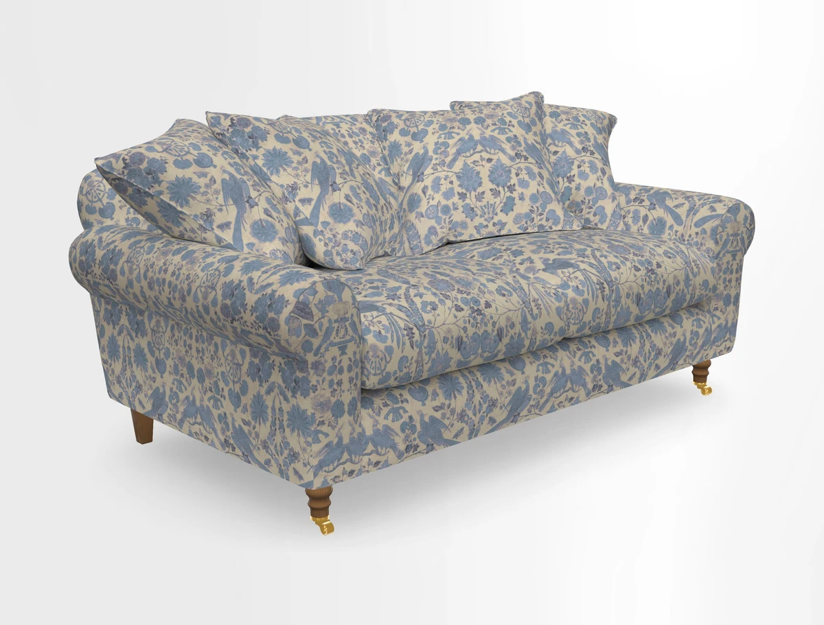 Walberswick 3 Seater Sofa in Etta's Bouquet Sunset Moss with scatters in Sussex Stripe Brick and Snape Chair in Almost Plain Velvet Spring