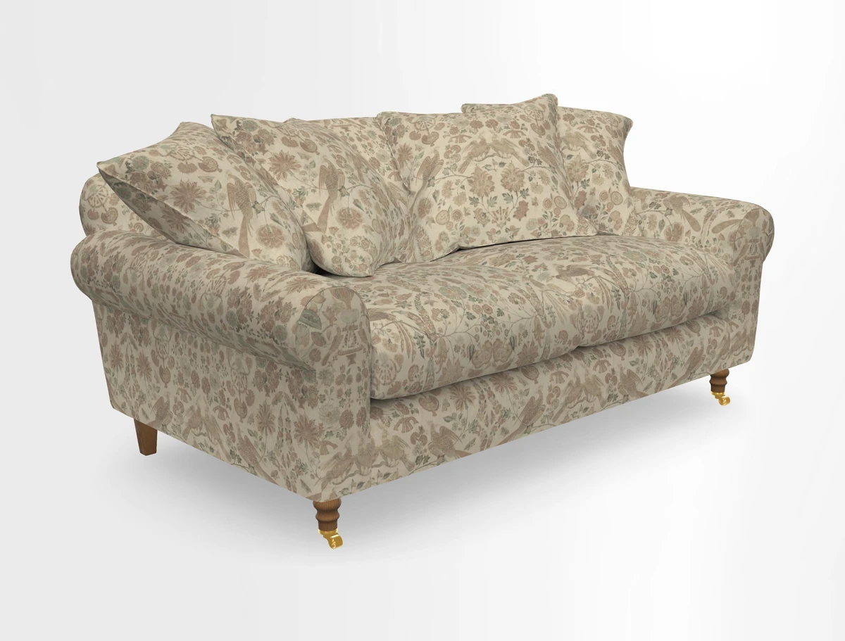 Walberswick 3 Seater Sofa in Etta's Bouquet Sunset Moss with scatters in Sussex Stripe Brick and Snape Chair in Almost Plain Velvet Spring