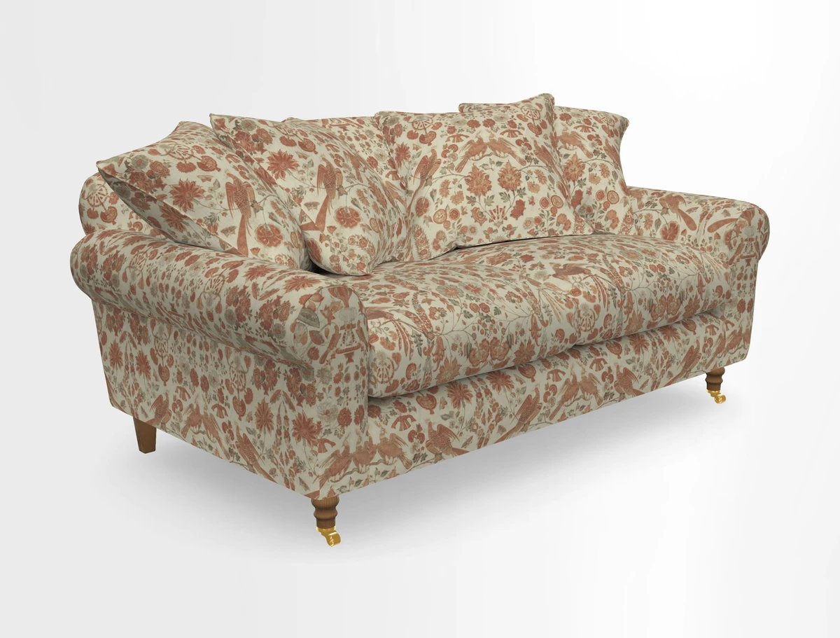 Walberswick 3 Seater Sofa in Etta's Bouquet Sunset Moss with scatters in Sussex Stripe Brick and Snape Chair in Almost Plain Velvet Spring