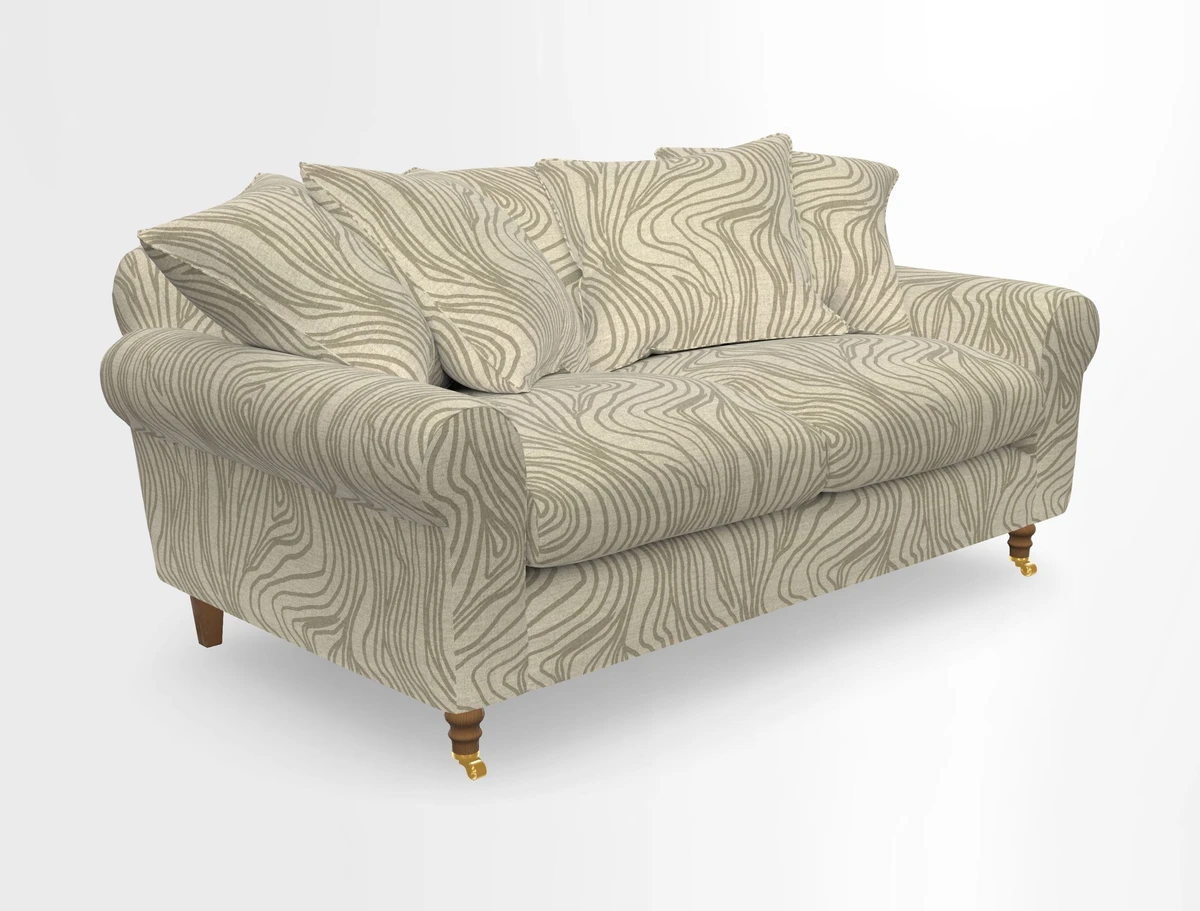 Walberswick 3 Seater Sofa in Etta's Bouquet Sunset Moss with scatters in Sussex Stripe Brick and Snape Chair in Almost Plain Velvet Spring